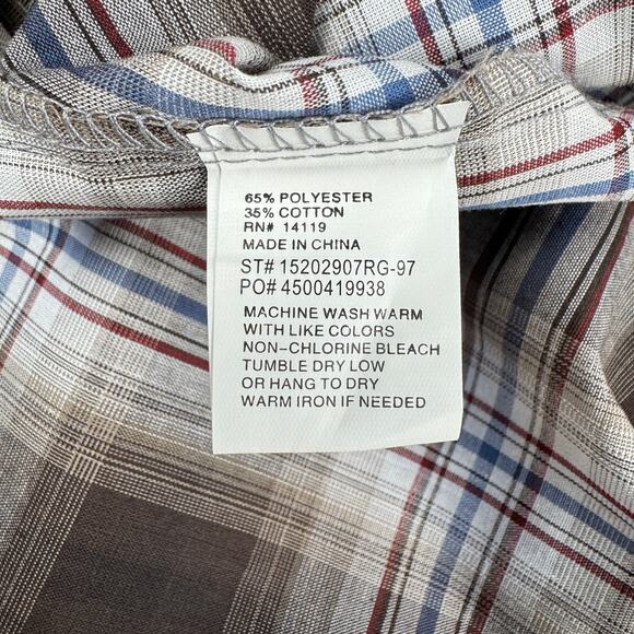 Ely Cattleman Plaid Western Pearl Snap Shirt Men’s Large Brown Cream Blue Red - Picture 7 of 11